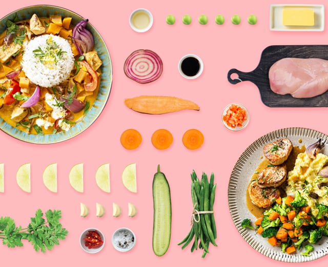 Lay-out van gerechten en ingrediënten in precies de juiste hoeveelheid van Marley Spoon